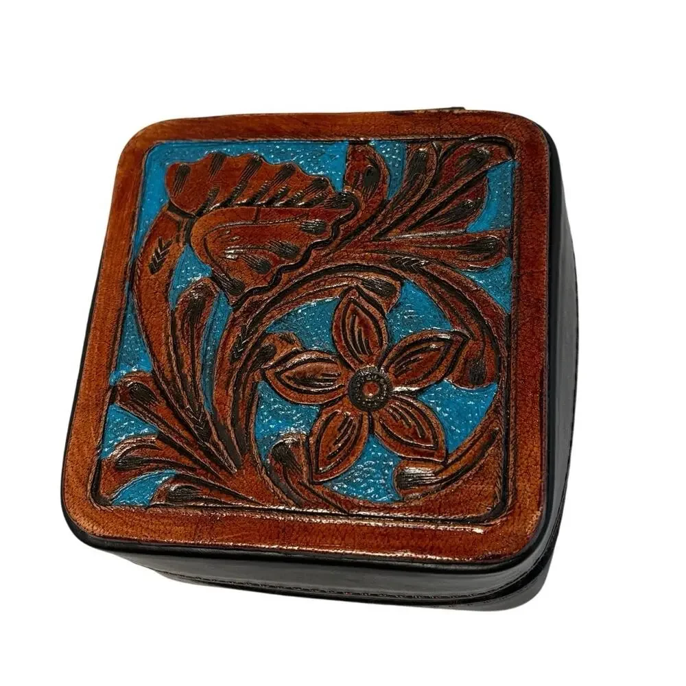 Mini travel jewelry box hand cut tooled leather Buffalo nickel brown blue